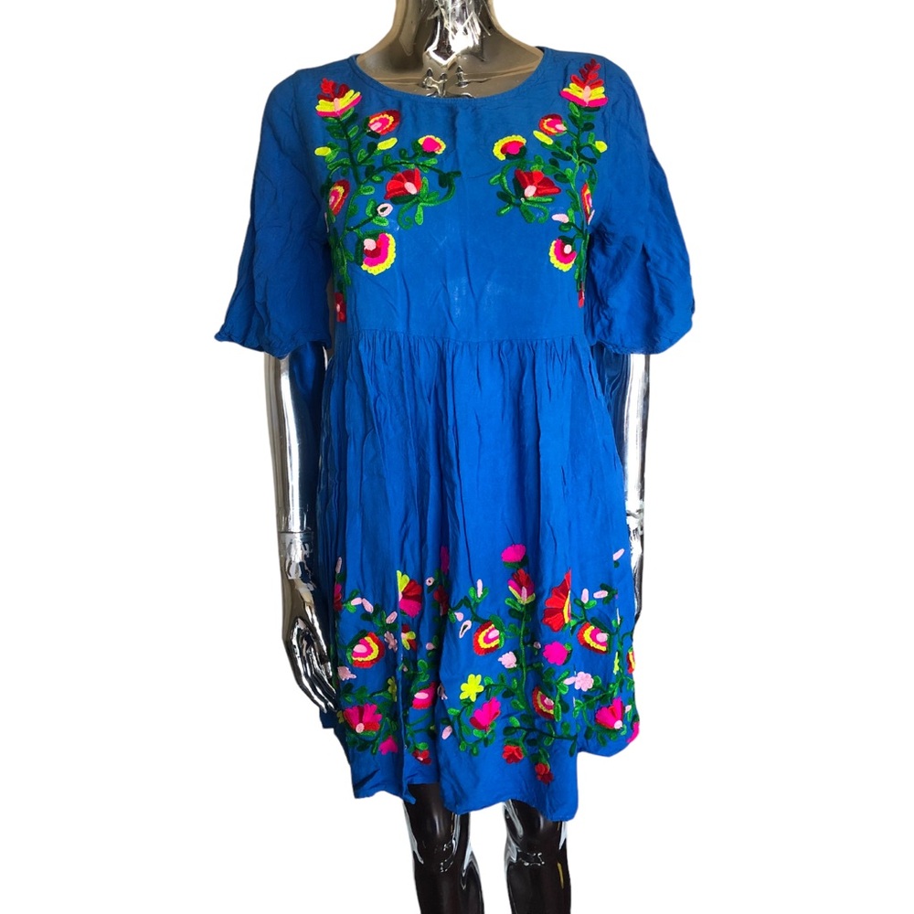 Riviera Sun Blue Embroidered Peasant Dress Size S